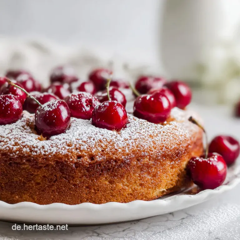 Ein St&uuml;ck saftiger Kirschkuchen auf einem wei&szlig;en Porzellanteller, flankiert von einer frischen Beere und Lichtreflexen.