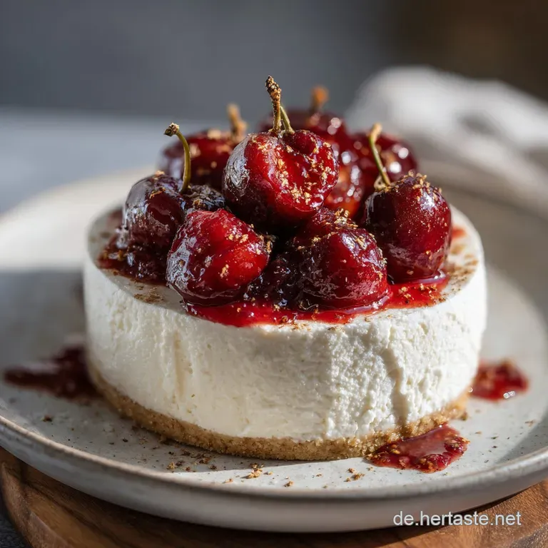 A delicate serving of ivory amaretti mousse adorned with glossy, spiced plums and a sprig of mint