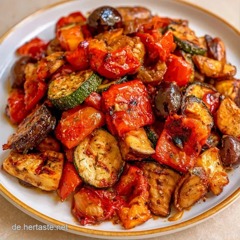 Filigran angerichtete Auswahl aus zartrosa Schinken, gr&uuml;nen Oliven und goldgelben Paprika auf einer wei&szlig;en Platte.