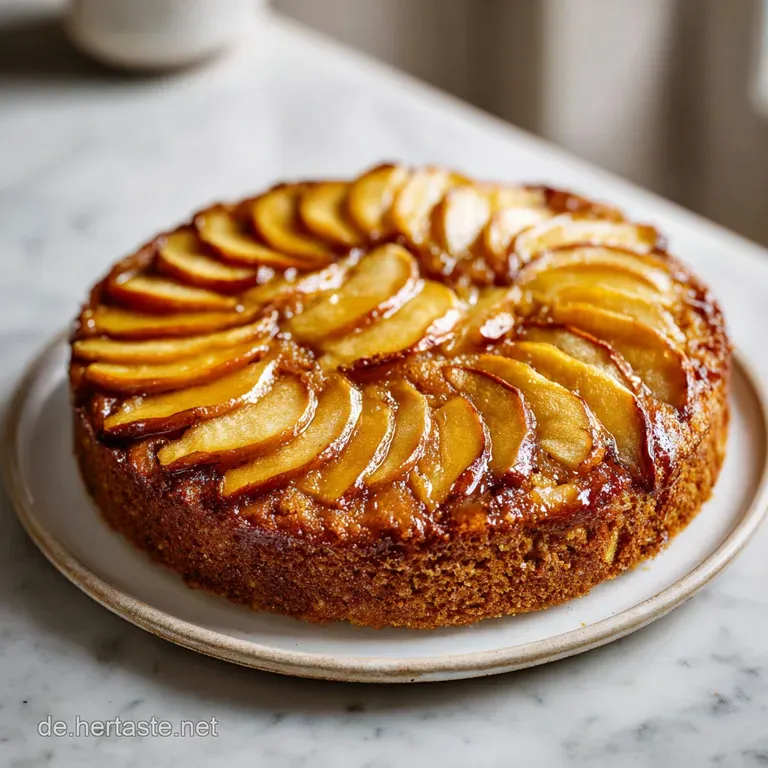A moist slice of honey-glazed apple cake on a white plate, paired with a dollop of cream and a fresh mint sprig.
