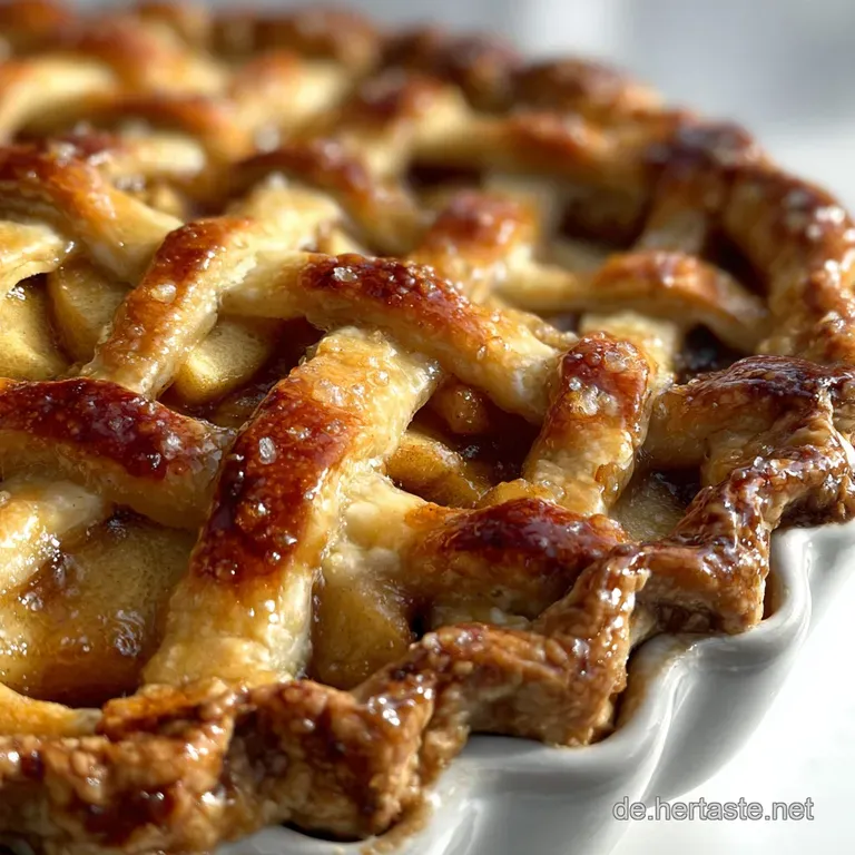 Slice of warm apple pie on a white plate, drizzled with caramel sauce. The flaky crust and soft filling invite a comfortin...