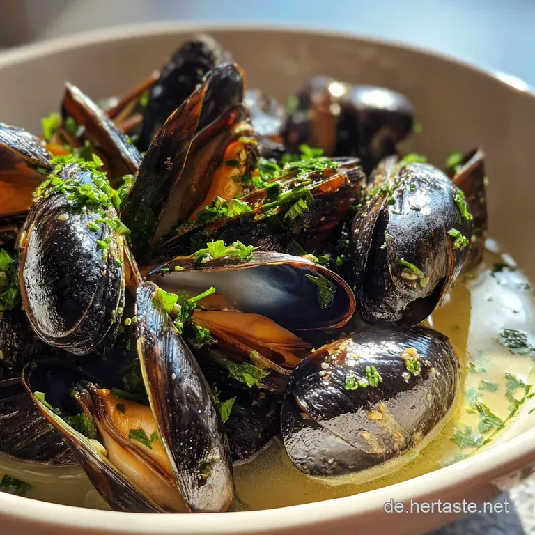 Plated mussels in a rich, creamy sauce, garnished with herbs and a lemon wedge. The shells create an elegant, appealing pr...