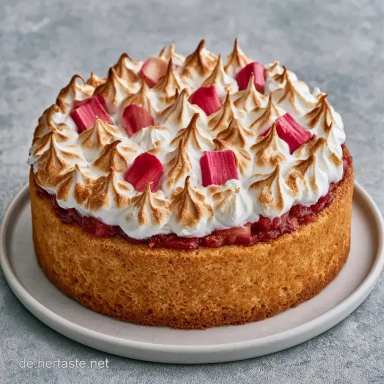 Ein helles Kuchenst&uuml;ck auf einem wei&szlig;en Teller mit rosa Rhabarbersauce und einer frischen Beere als Garnitur.