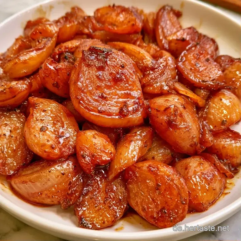 Caramelisierte, weiche Schalotten auf einer wei&szlig;en Platte, garniert mit frischen gr&uuml;nen Kr&auml;utern und Honigglanz.