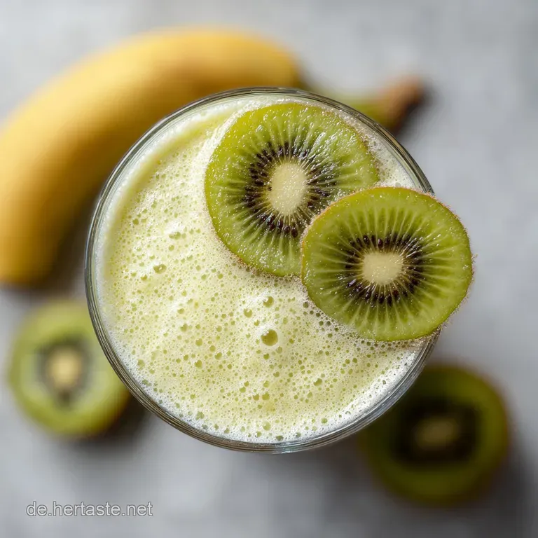 Frothy green and white smoothie in a glass, adorned with a sliced kiwi and banana, suggesting a refreshing, healthy treat.