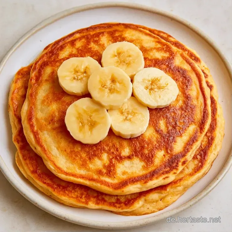 Goldgelbe Pancakes auf wei&szlig;em Porzellan, best&auml;ubt mit Puderzucker, flankiert von roten Beeren und frischer Minze.