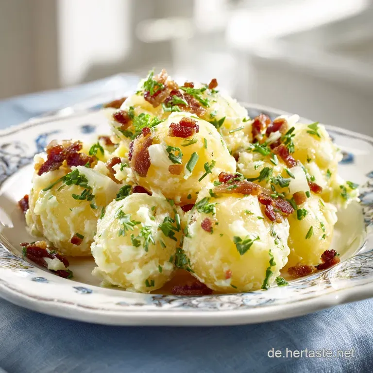 Close up of the Bavarian potato salad showing creamy texture, bacon pieces, with fresh parsley garnish on a white plate.