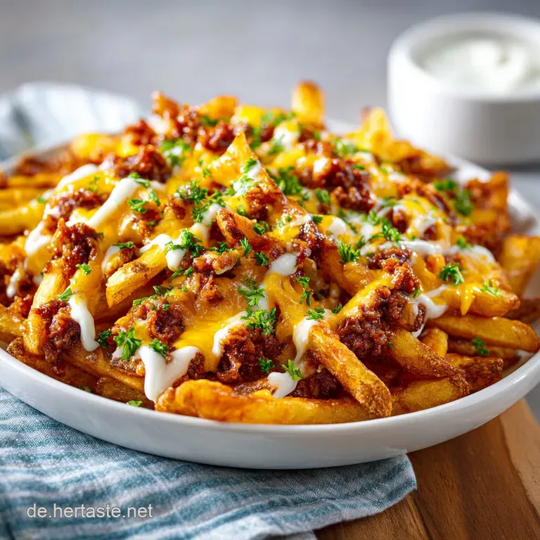 Plated loaded fries glistening with cheese, seasoned beef, and fresh herbs, creating a visually appealing and appetizing d...