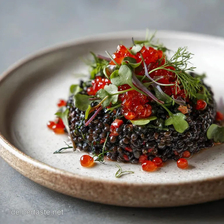 A scoop of glistening beluga lentil salad artfully plated, garnished with a sprig of fresh herbs, showcasing its appealing...