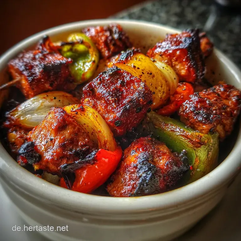 Plated Schaschliktopf with vibrant red and yellow peppers, tender meat, and a creamy sauce on white dishware.