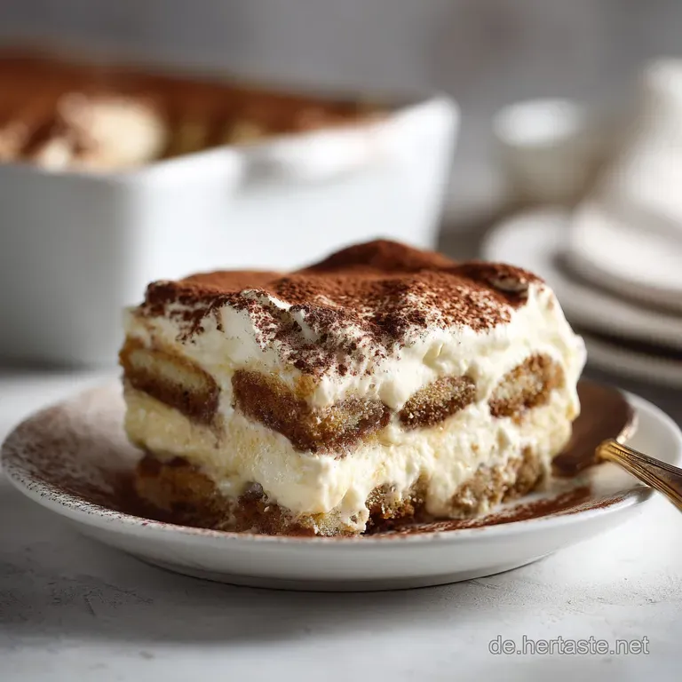 An elegant slice reveals distinct creamy layers and a delicate dusting of cocoa on a white plate.