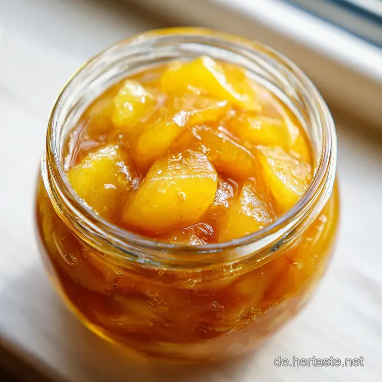 Bernsteinfarbener Fruchtaufstrich auf wei&szlig;em Porzellan, erg&auml;nzt durch eine frische Birnenscheibe und Vanilleschote.