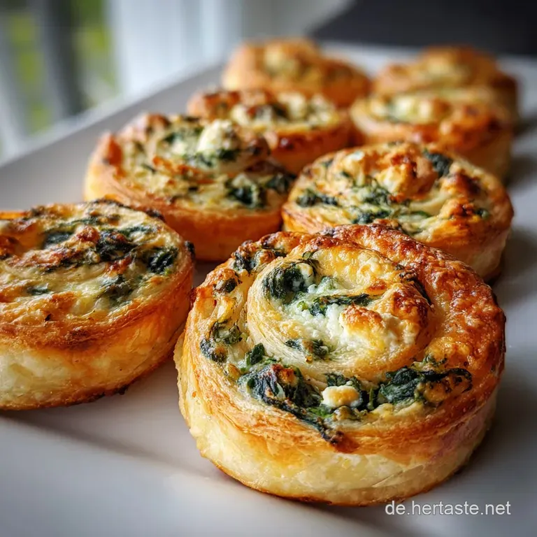 A swirl of flaky, golden brown puff pastry filled with verdant spinach, artfully plated for a delightful appetizer or ligh...