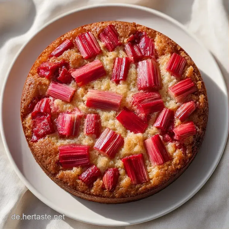 Ein fluffiges St&uuml;ck Kuchen mit rosa Rhabarber auf wei&szlig;em Porzellan, dekoriert mit einer frischen, gr&uuml;nen Minzspitze.