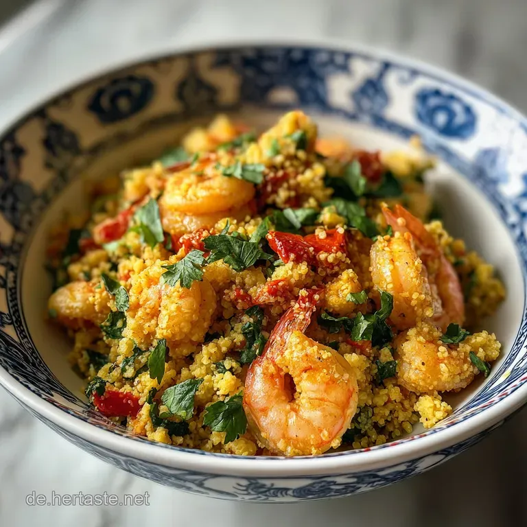 Plated cauliflower couscous with succulent shrimp, bright parsley, and a lemon slice. Warm, inviting textures and colors.