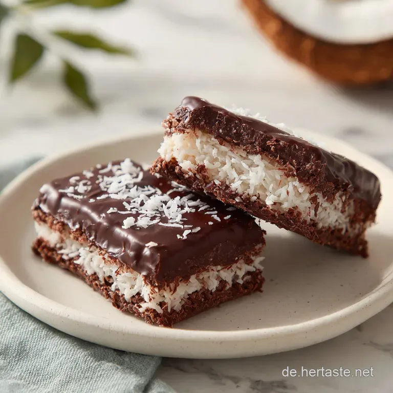 Two glossy chocolate coconut bites on a slate board, garnished with a sprig of mint and shredded coconut flakes.