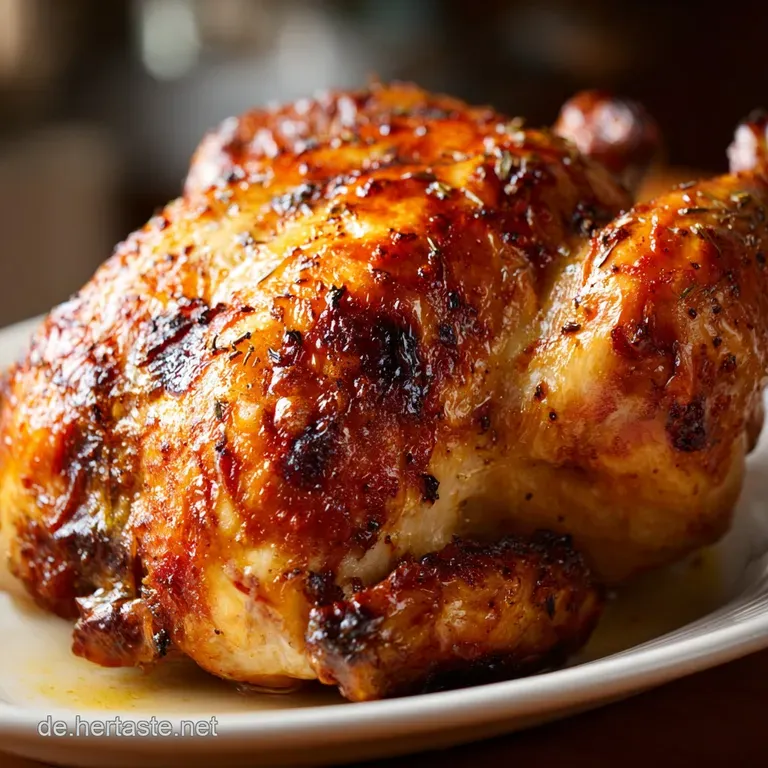 Glistening roasted chicken portion presented on a plate with herbs. The crispy skin makes it look inviting and delicious.
