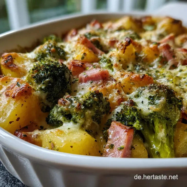 A creamy potato and broccoli bake, plated with a sprinkle of fresh herbs. Warm, inviting, and ready to be savored.