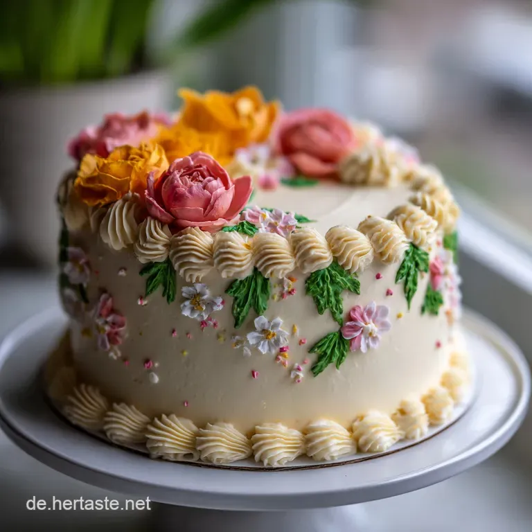 Elegant slice of buttercreme torte, layers of light sponge and rich, smooth buttercream inviting the first bite. Dusting o...