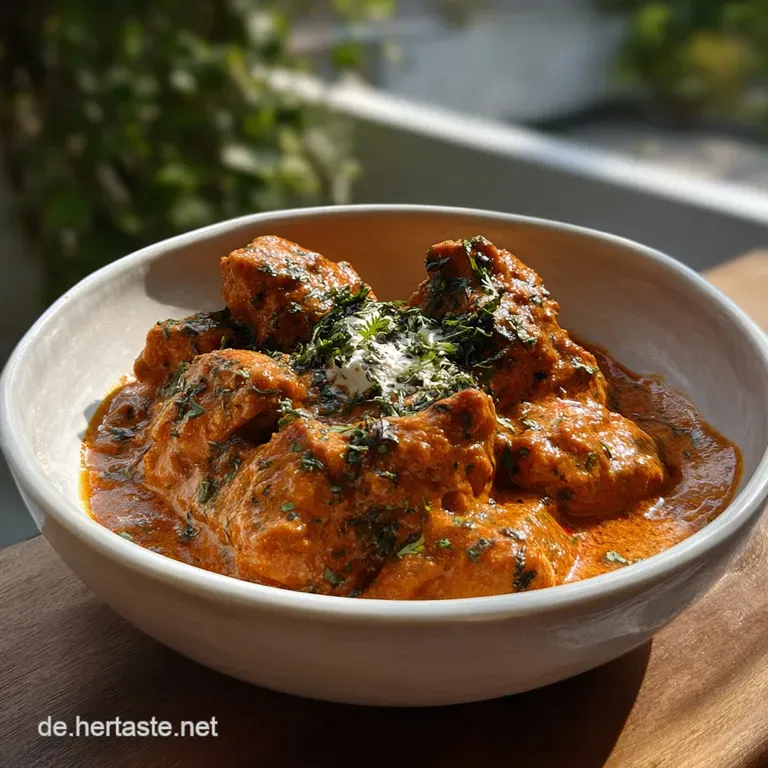 Elegant plate featuring tender butter chicken in luscious sauce, next to fluffy rice. Hints of warm spices and fresh cilan...