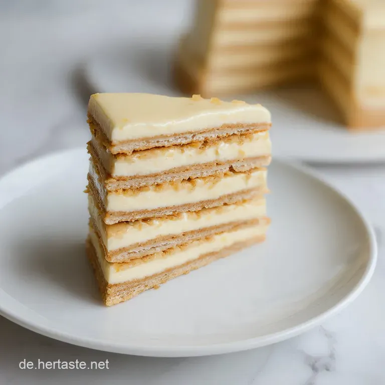 Ein quadratisches St&uuml;ck hellen Puddingkuchen auf wei&szlig;em Porzellan, dekoriert mit roten Beeren und Puderzucker.