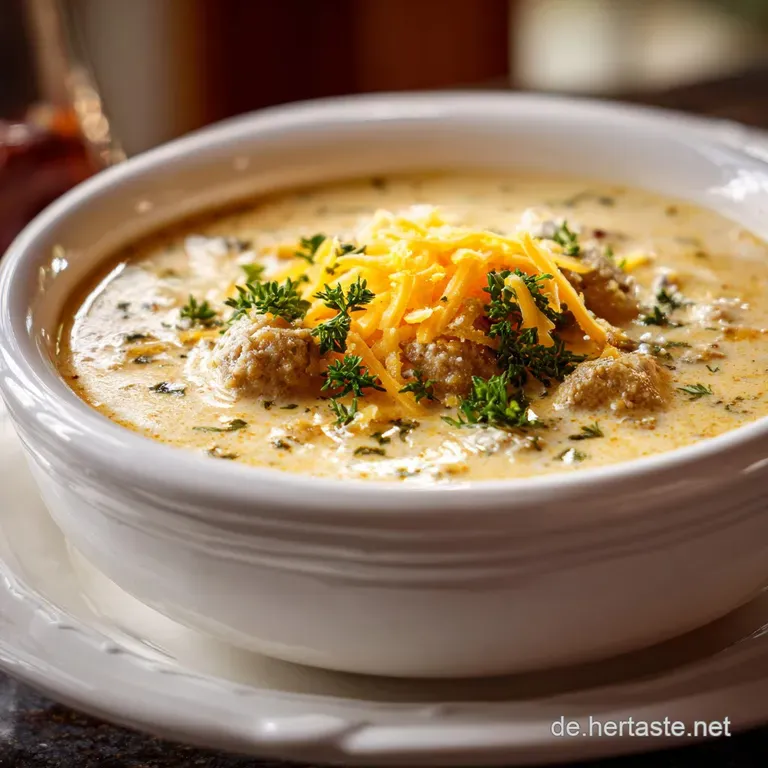 Creamy cheeseburger soup with tender potatoes, garnished with fresh herbs in a white bowl on a wooden table.