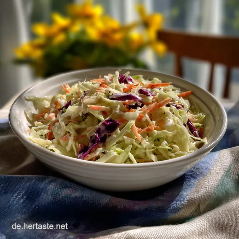 Close-up of a bowl of fresh coleslaw, showing the creamy texture and vibrant colors of cabbage and shredded carrots.