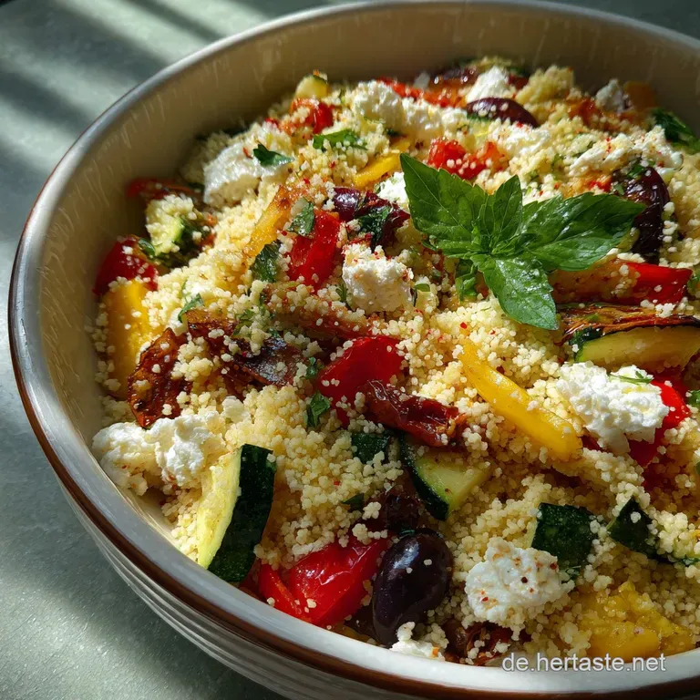 Bright couscous salad artfully arranged on a white plate; scattered herbs and a lemon wedge add a fresh, inviting touch.