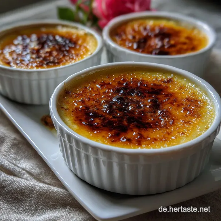 Elegant white ramekin filled with silky custard, br&ucirc;l&eacute;ed to a deep amber. Garnished with a sprig of mint, offering a cool ...