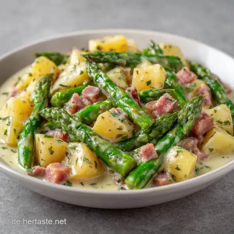 Elegant angerichtete, goldgelbe Kartoffeln und zarter gr&uuml;ner Spargel auf einem wei&szlig;en Porzellanteller mit frischer Petersi...