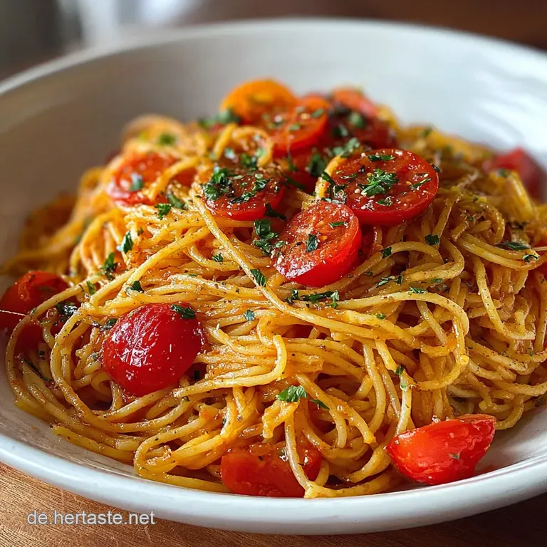 Elegant plate of tomato garlic pasta with a bright red sauce. Garnished with fresh basil and a sprinkle of parmesan cheese...