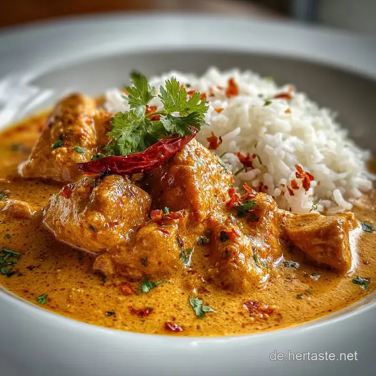 Creamy curry sauce elegantly spooned over rice, with vibrant cilantro sprigs. The warm tones invite you to taste the dish.
