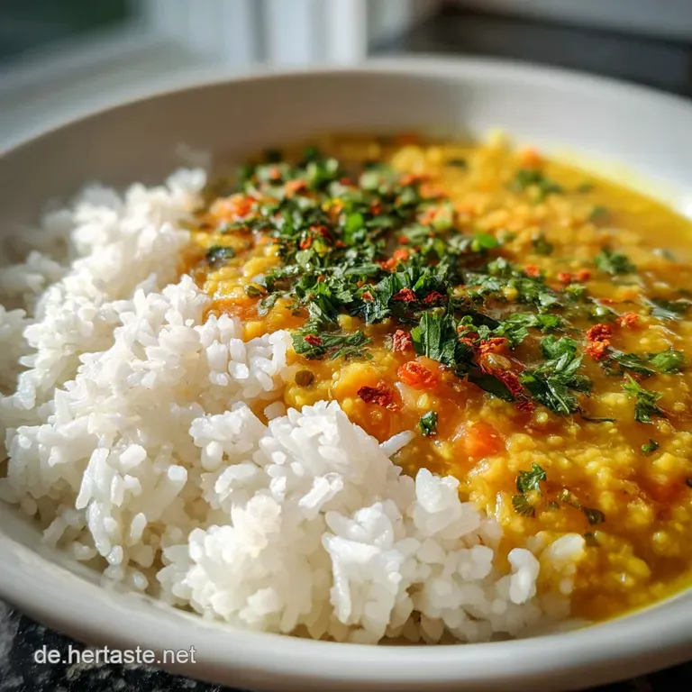 A spoonful of creamy, golden dal glistening next to a mound of fluffy rice. Sprinkled with fresh herbs.