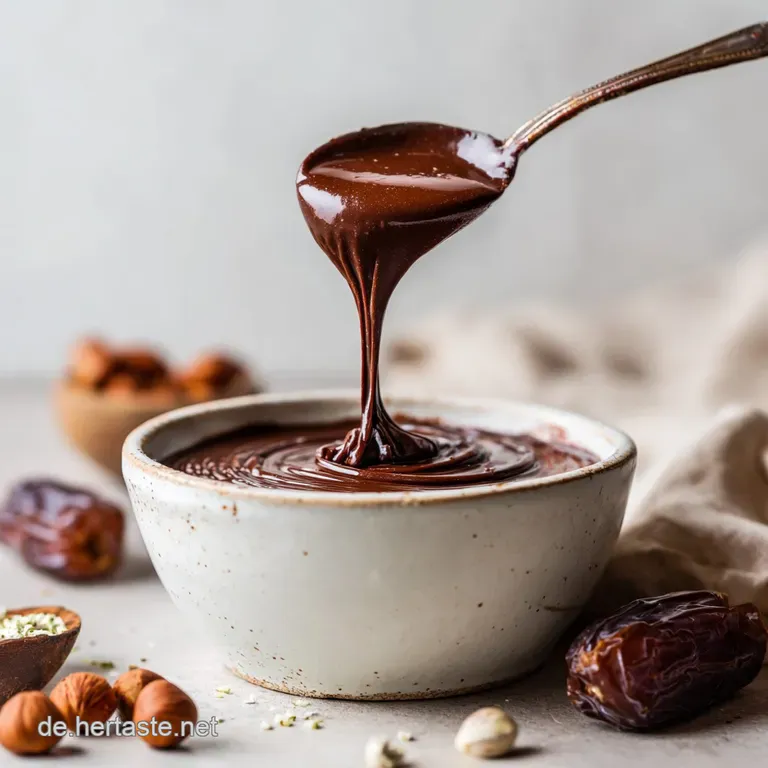 A single, decadent square of dark chocolate and dates, artfully placed on a white plate. Subtle lighting highlights the te...