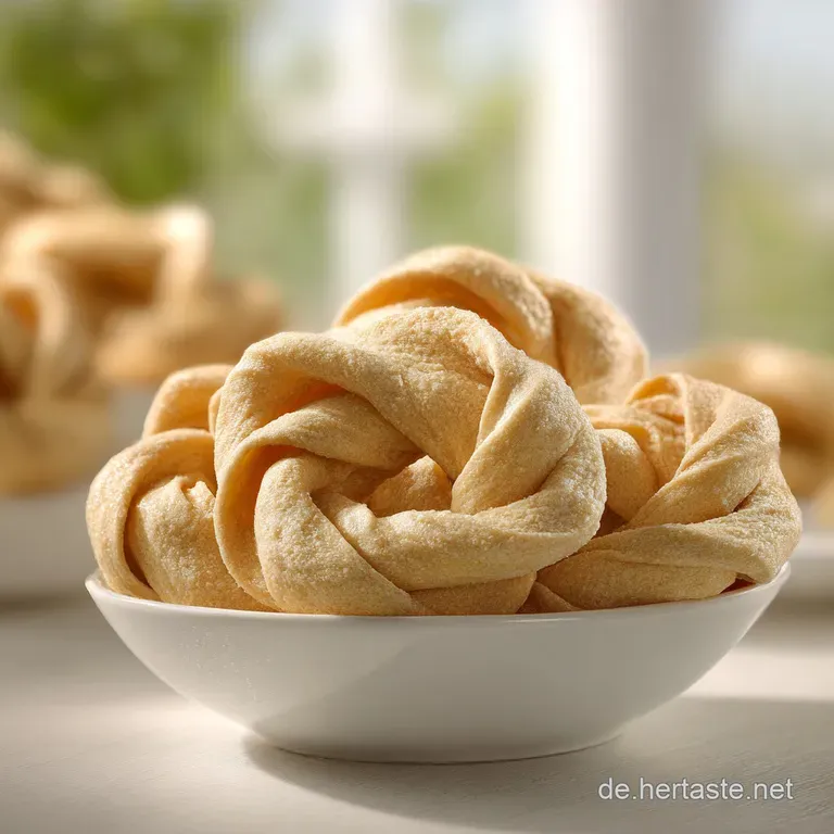 A golden-brown twisted pastry nest on a white plate, accented by pastel candy eggs and a sprig of fresh green mint.