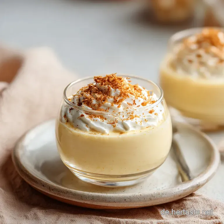 Delicate white chocolate shavings crown a smooth, pale yellow custard in a glass ramekin.