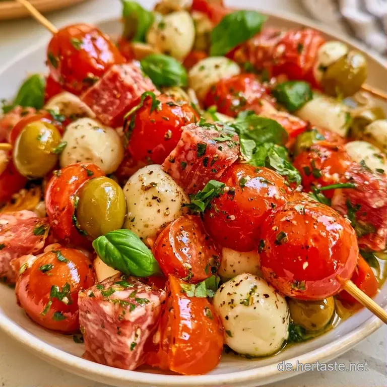 Eine Holzplatte mit aufgereihten Antipasti-Spie&szlig;en, dekoriert mit frischem Basilikum und goldgelbem Oliven&ouml;l-Glanz.