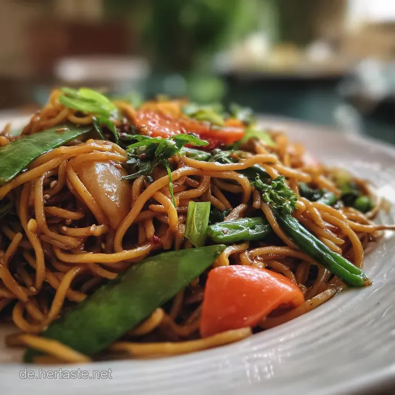 Elegant plate of lo mein featuring vibrant green scallions, tender noodles, and glistening, stir-fried vegetables.