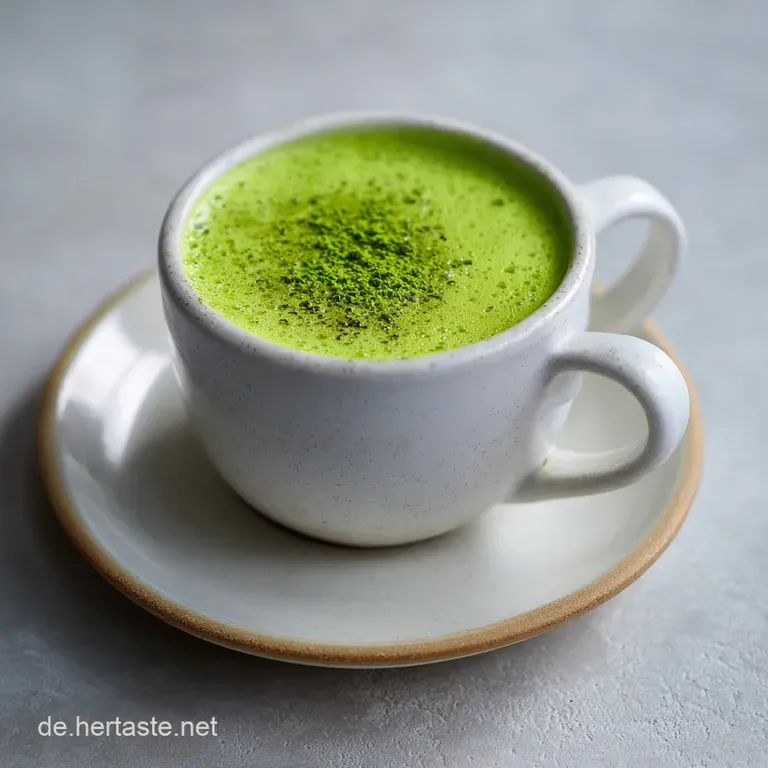 Elegant matcha latte served in a tall glass on a wooden surface. Jade-green drink has creamy foam, delicate matcha powder ...