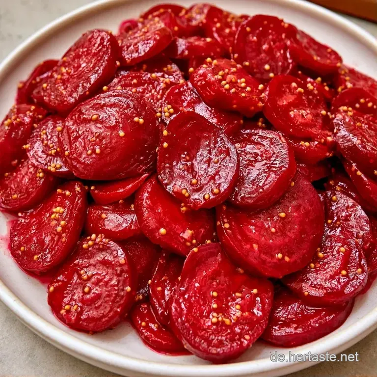 Gl&auml;nzende, magenta rote Beetscheiben auf einer wei&szlig;en Platte, garniert mit frischen gr&uuml;nen Kr&auml;utern und feinen Tropfen.