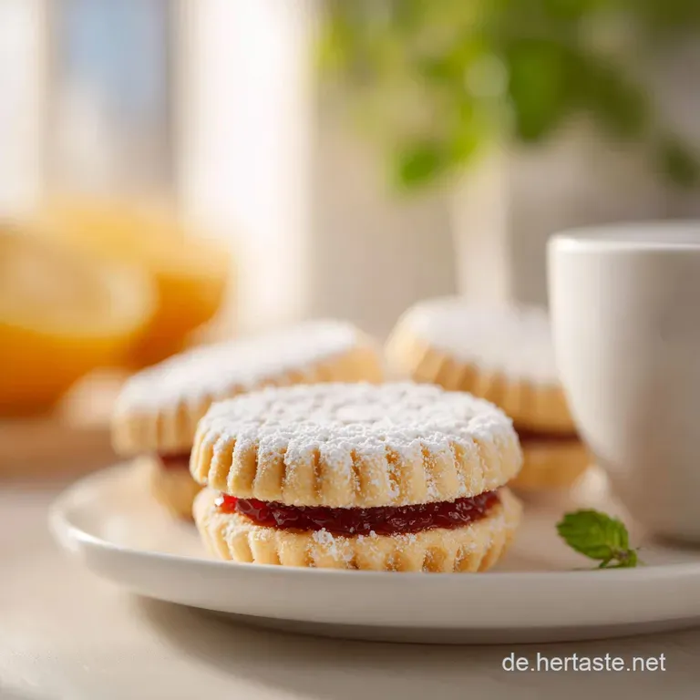 Elegant plate showcasing almond-studded Engelsaugen cookies; crumbly texture visible, jam glistening in the soft light.