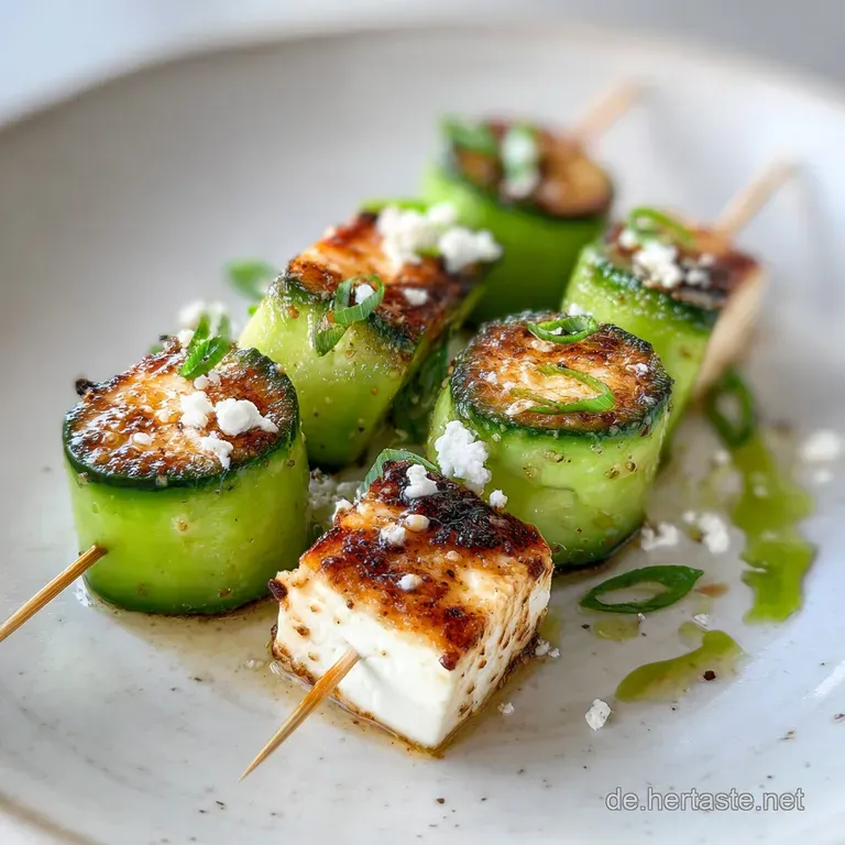 Elegant feta and cucumber skewers artfully arranged on a white plate, garnished with dill, and drizzled with a glossy, lig...