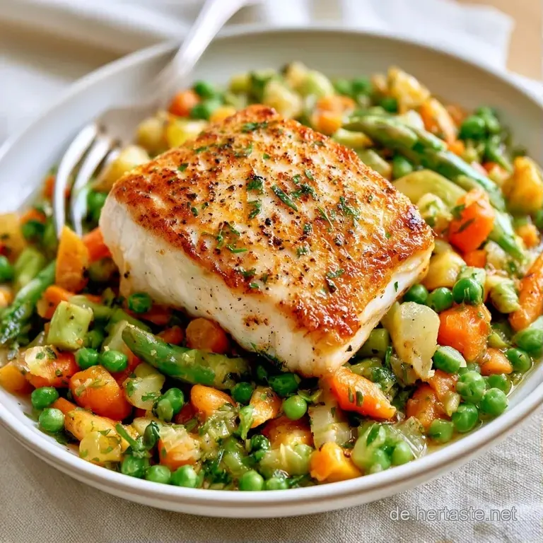 Zartes Fischfilet auf einem wei&szlig;en Teller, garniert mit knackigen Fr&uuml;hlingsgem&uuml;sen und einer gl&auml;nzenden hellen Sauce.
