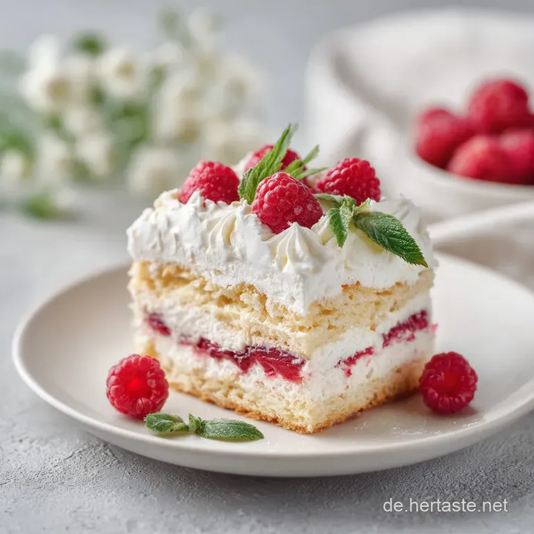 A generous slice of moist cake with a light, airy texture, glistening slightly.