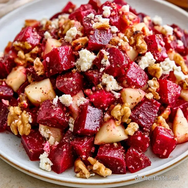 Purpurrote Bete-Scheiben, cremige Feta-Kl&uuml;mpchen und helle Apfelspalten auf einer schlichten, wei&szlig;en Keramikplatte.