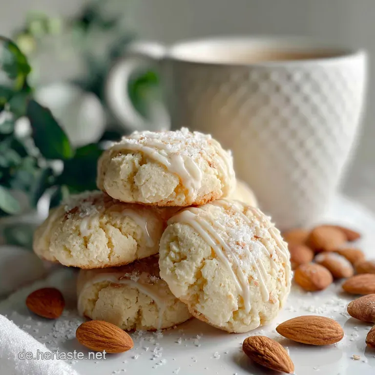 Delicate almond cookies artfully arranged on a rustic wooden board with scattered almonds. Cozy, home-baked scene.