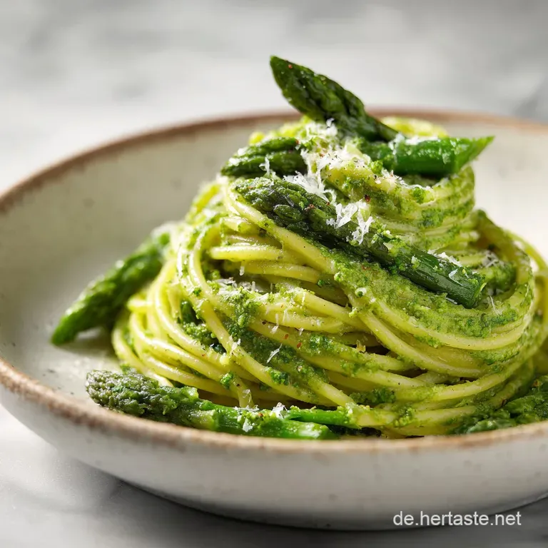 Elegant swirl of green pesto pasta on a white ceramic plate, topped with tender asparagus and toasted pine nuts