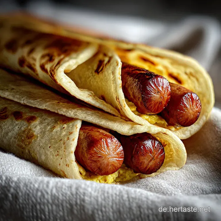 Crispy baked hot dog wraps on a white plate, with vibrant green herbs, offering a warm, inviting, and handheld treat.