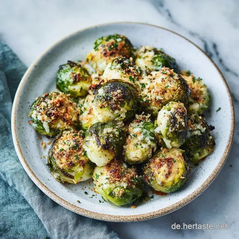 A small bowl filled with charred and browned Brussels sprouts. Sprinkled flaky sea salt glistens on their leaves with a dr...