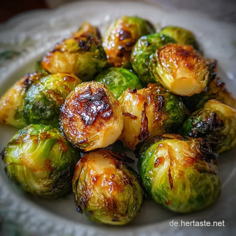 Roasted Brussels sprouts artfully arranged on a white plate, their ruffled leaves slightly charred, with a sprinkle of her...